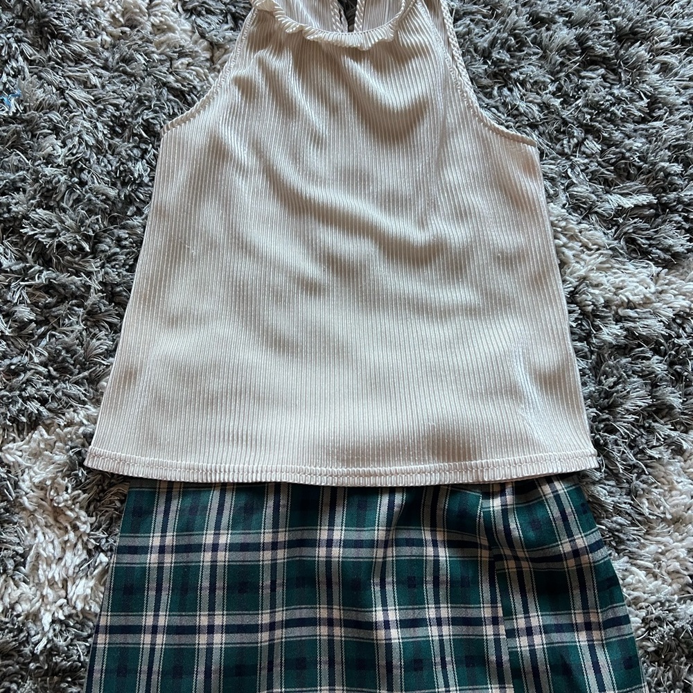 Monteau Cream Top with Green Plaid Skirt